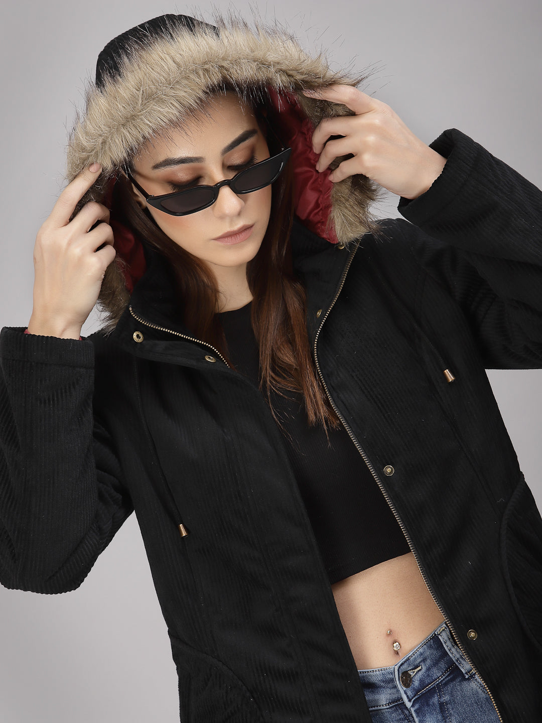 Gipsy Women Hooded Neck Regular Full Sleeves Cotton/Poly Fabric Black Jackets