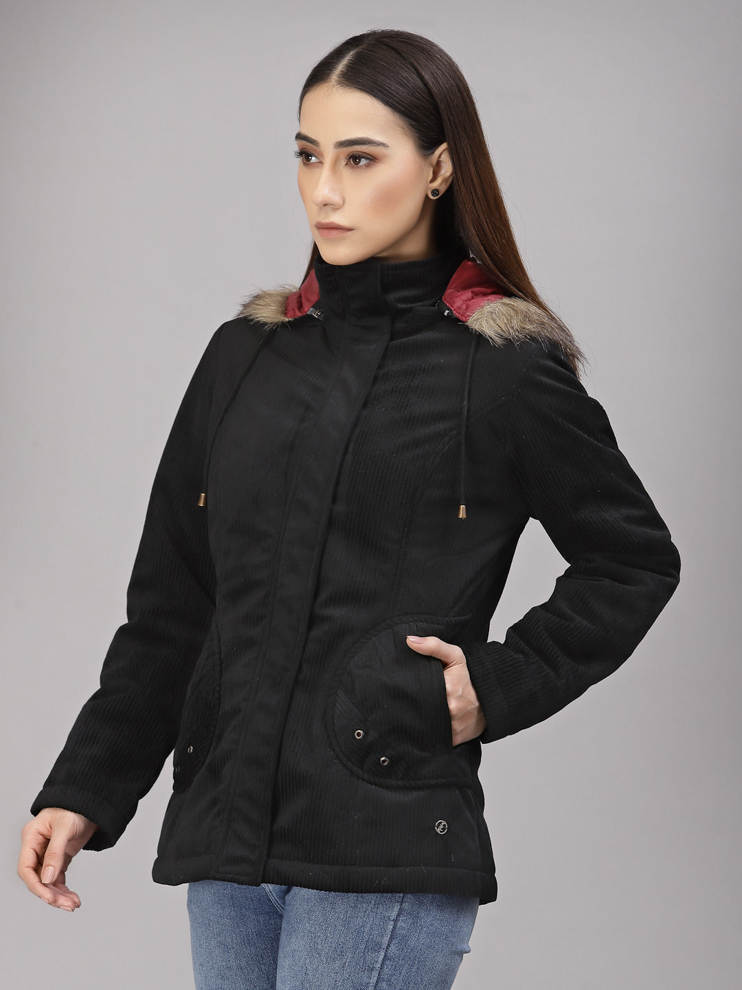 Gipsy Women Hooded Neck Regular Full Sleeves Cotton/Poly Fabric Black Jackets