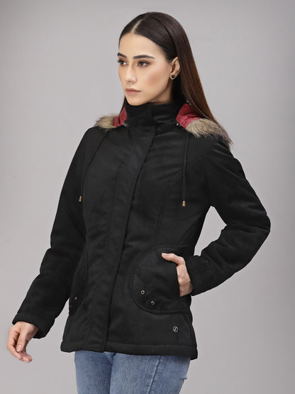 Gipsy Women Hooded Neck Regular Full Sleeves Cotton/Poly Fabric Black Jackets