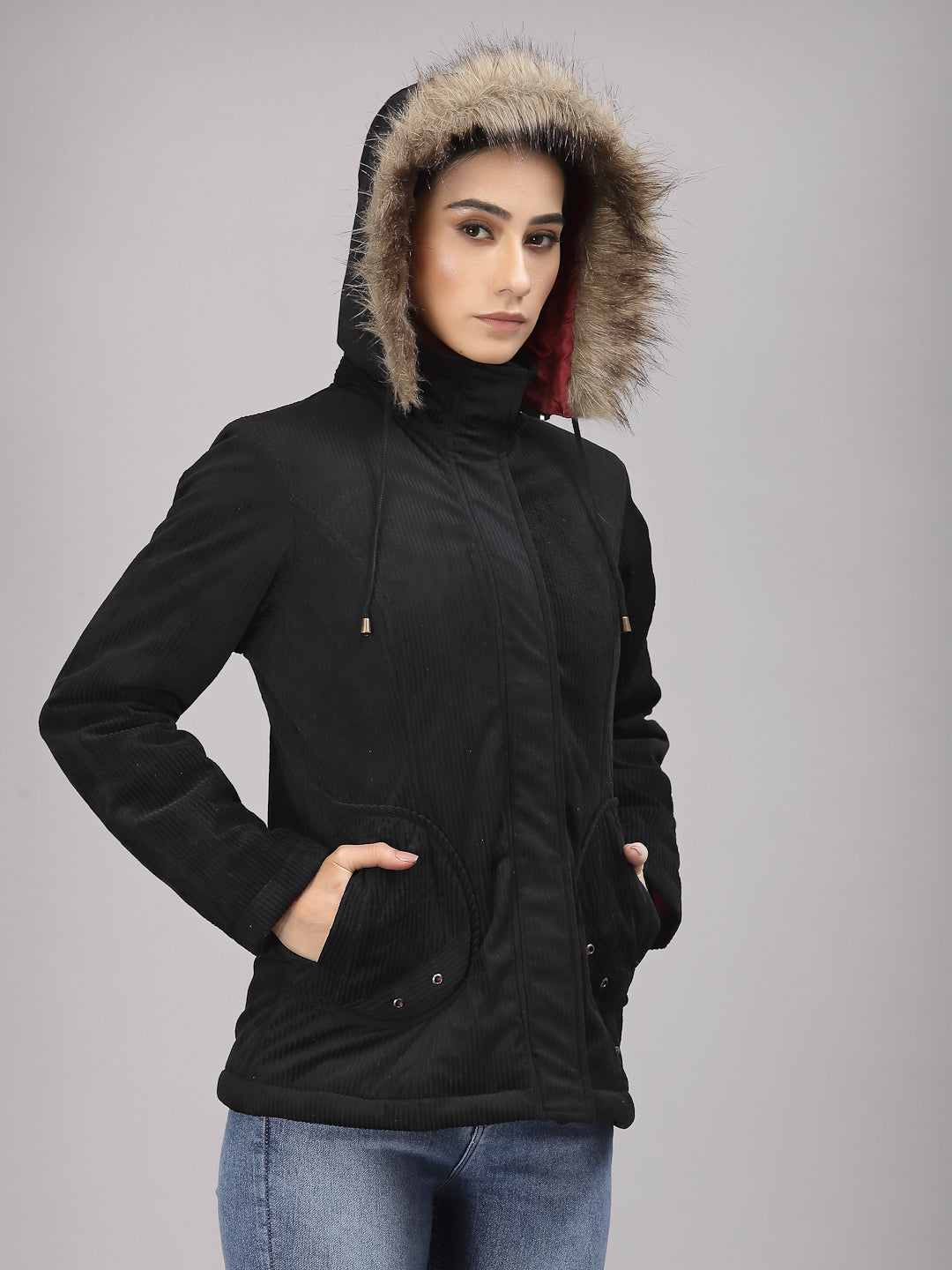 Gipsy Women Hooded Neck Regular Full Sleeves Cotton/Poly Fabric Black Jackets