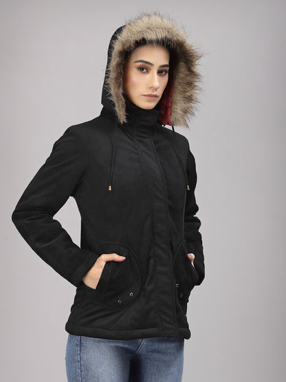 Gipsy Women Hooded Neck Regular Full Sleeves Cotton/Poly Fabric Black Jackets