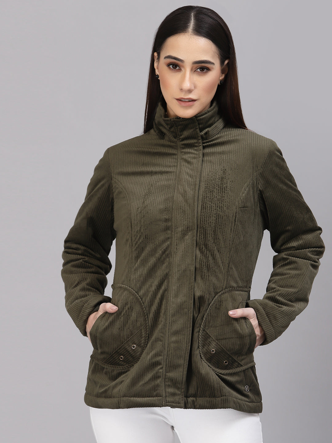 Gipsy Women Hooded Neck Regular Full Sleeves Cotton/Poly Fabric Olive Jackets
