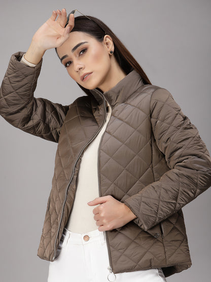 Gipsy Women Mock Collar Regular Full Sleeves Polyester Fabric Copper Jackets