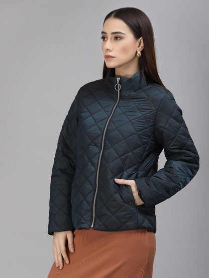 Gipsy Women Mock Collar Regular Full Sleeves Polyester Fabric Turque/Green Jackets