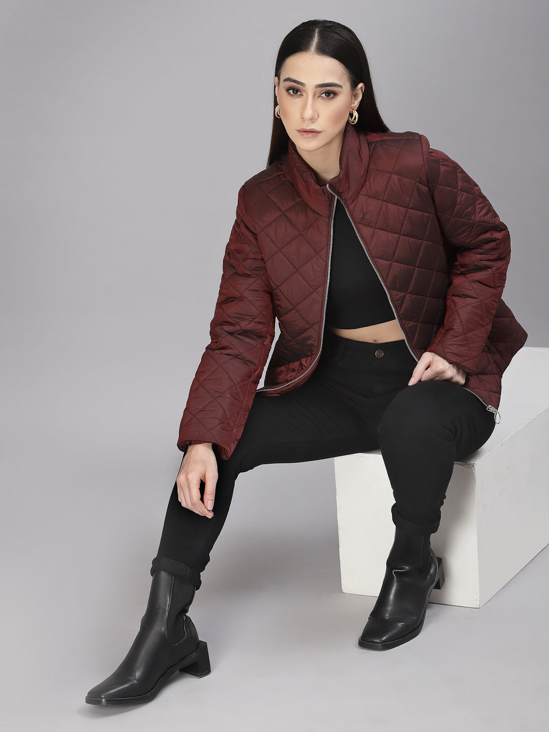 Gipsy Women Mock Collar Regular Full Sleeves Polyester Fabric Wine Jackets