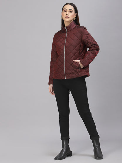 Gipsy Women Mock Collar Regular Full Sleeves Polyester Fabric Wine Jackets