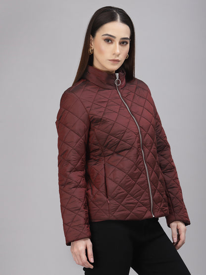 Gipsy Women Mock Collar Regular Full Sleeves Polyester Fabric Wine Jackets