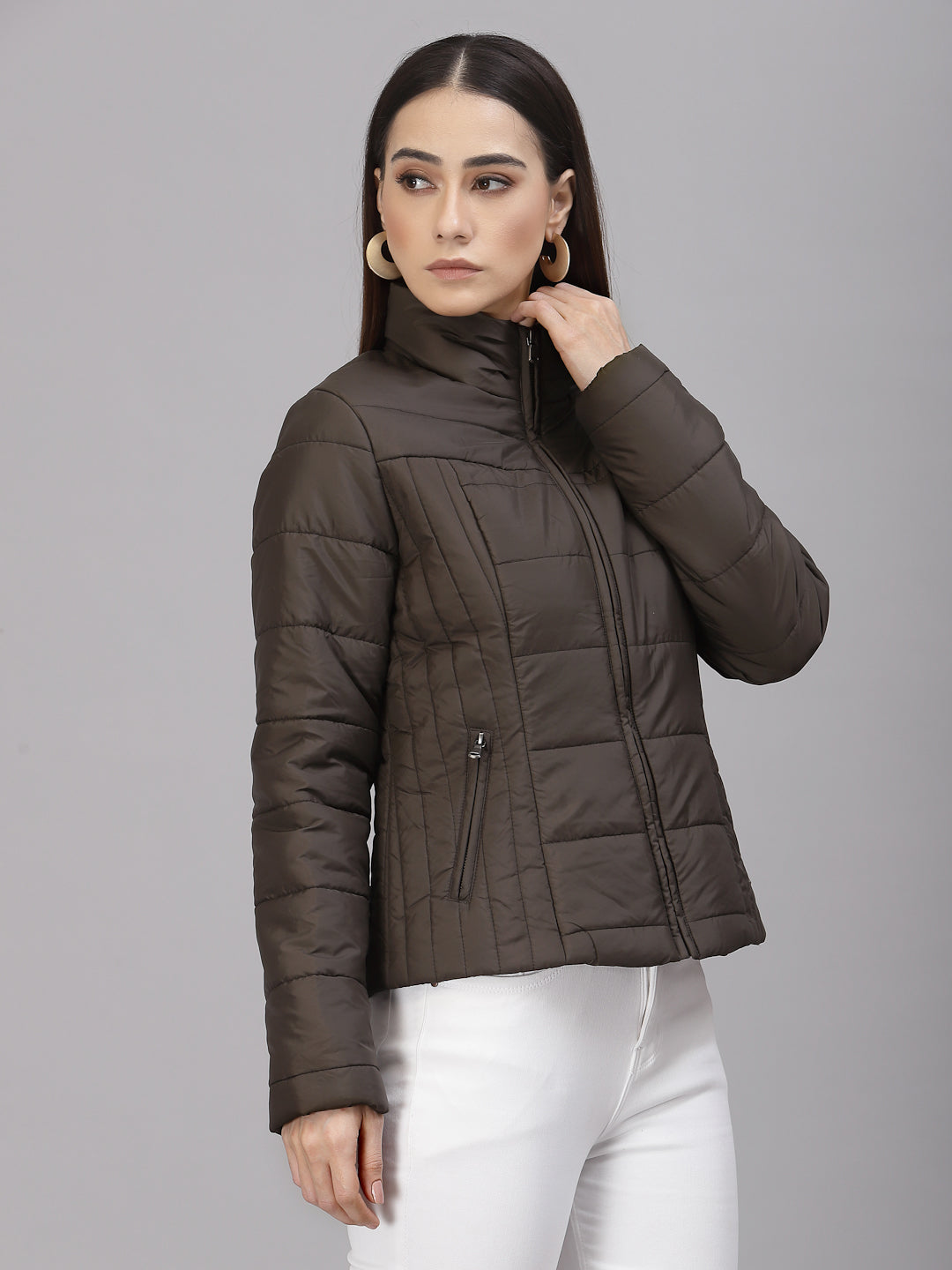 Gipsy Women Mock Collar Regular Full Sleeves Polyester Fabric Olive Jackets