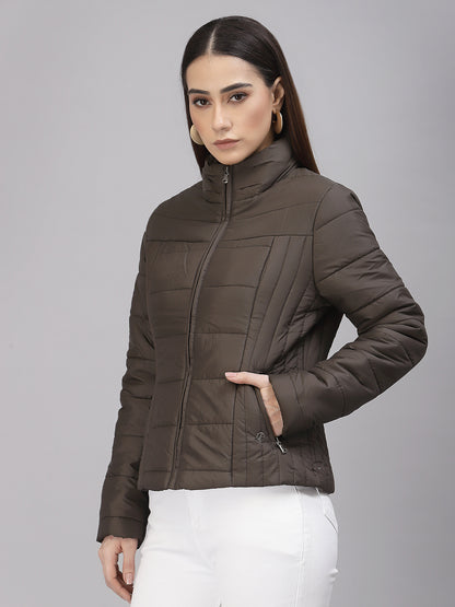Gipsy Women Mock Collar Regular Full Sleeves Polyester Fabric Olive Jackets