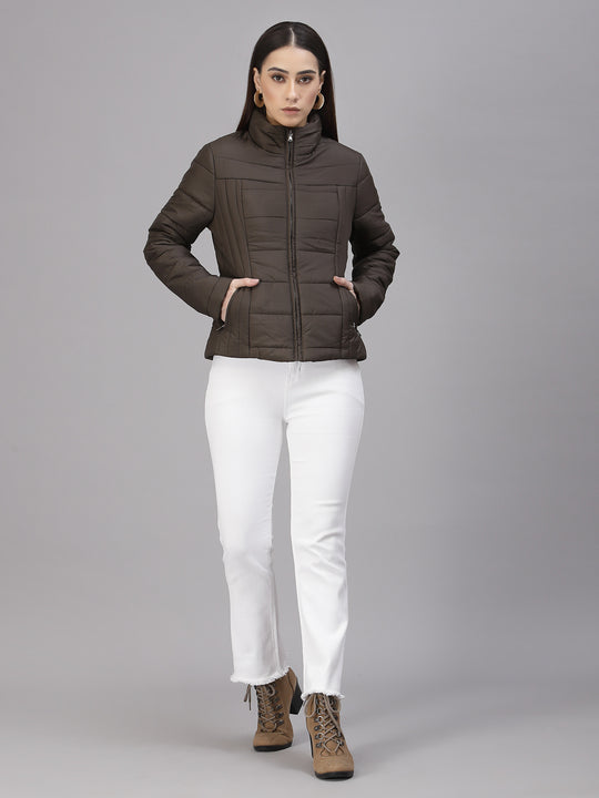 Gipsy Women Mock Collar Regular Full Sleeves Polyester Fabric Olive Jackets