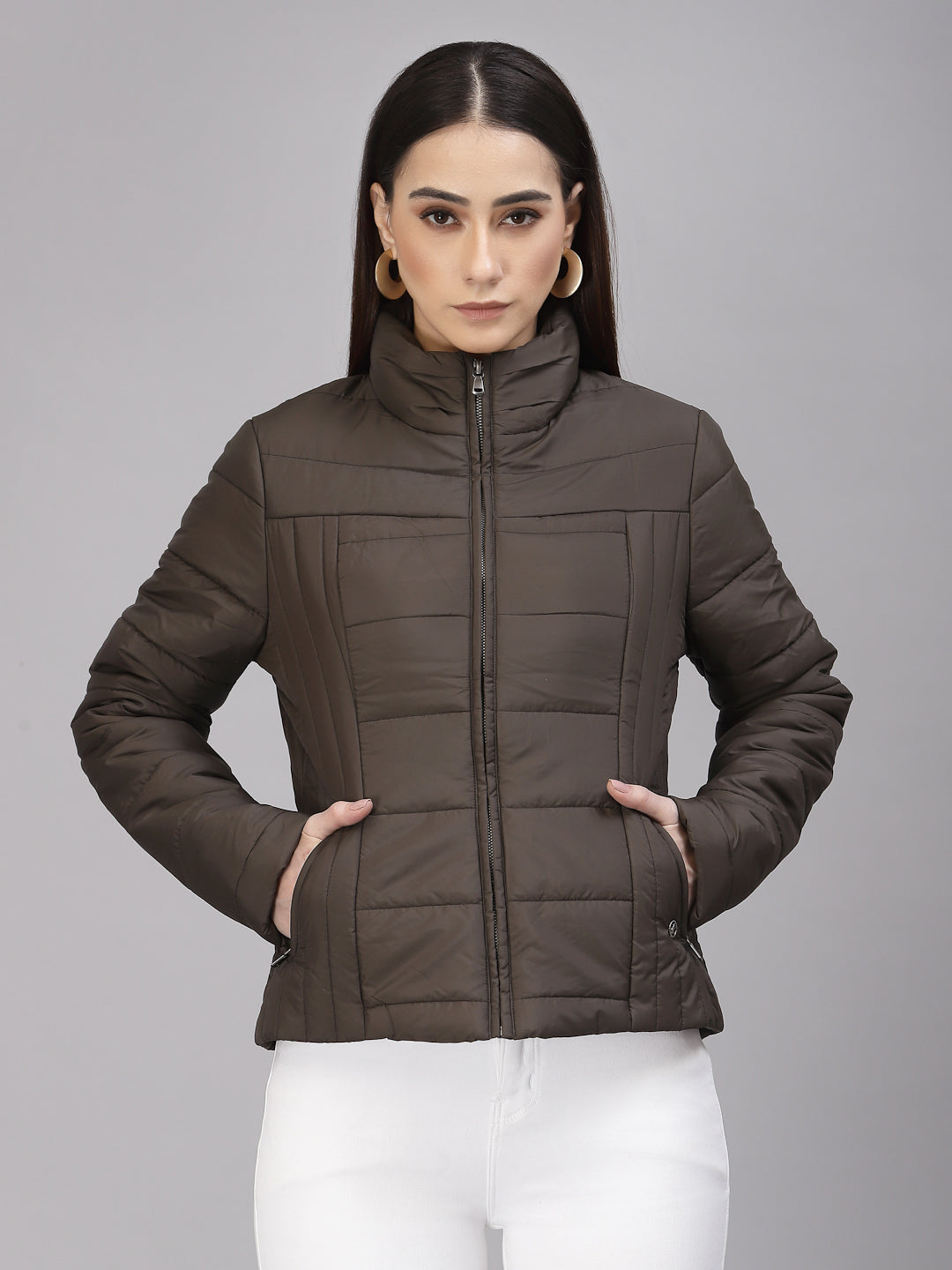 Gipsy Women Mock Collar Regular Full Sleeves Polyester Fabric Olive Jackets