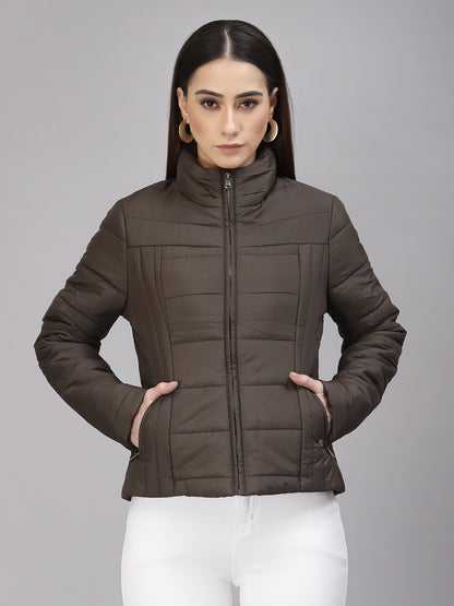 Gipsy Women Mock Collar Regular Full Sleeves Polyester Fabric Olive Jackets