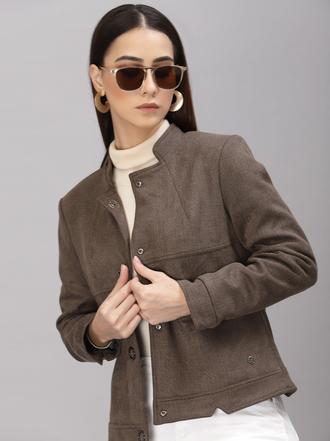 Gipsy Women Mandarin collar Regular Full Sleeves Polyester Fabric Olive Jackets