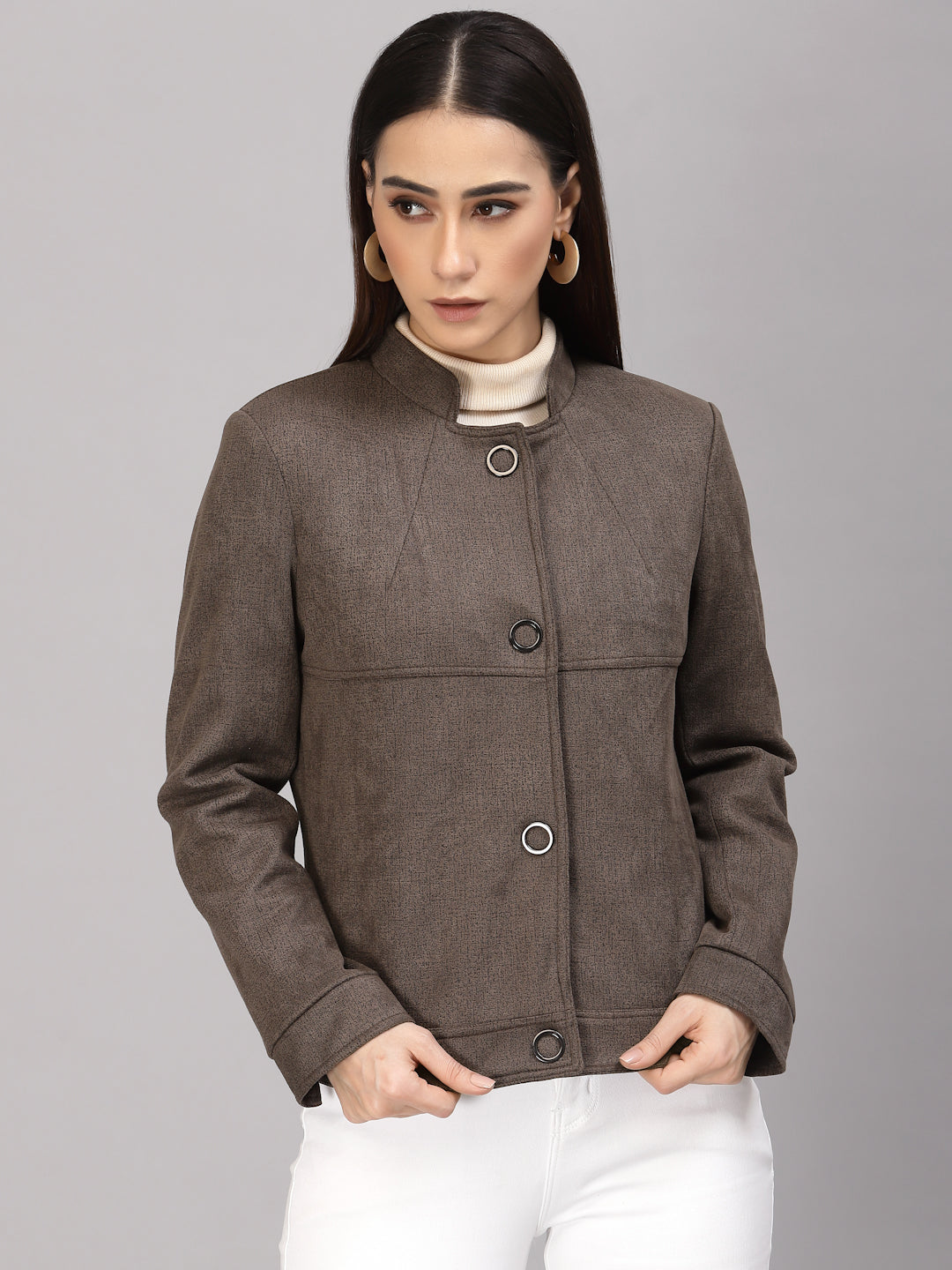Gipsy Women Mandarin collar Regular Full Sleeves Polyester Fabric Olive Jackets