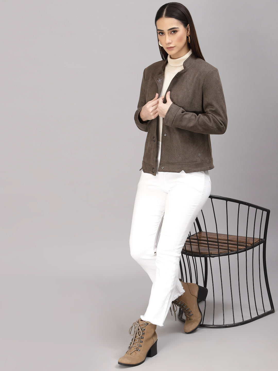 Gipsy Women Mandarin collar Regular Full Sleeves Polyester Fabric Olive Jackets