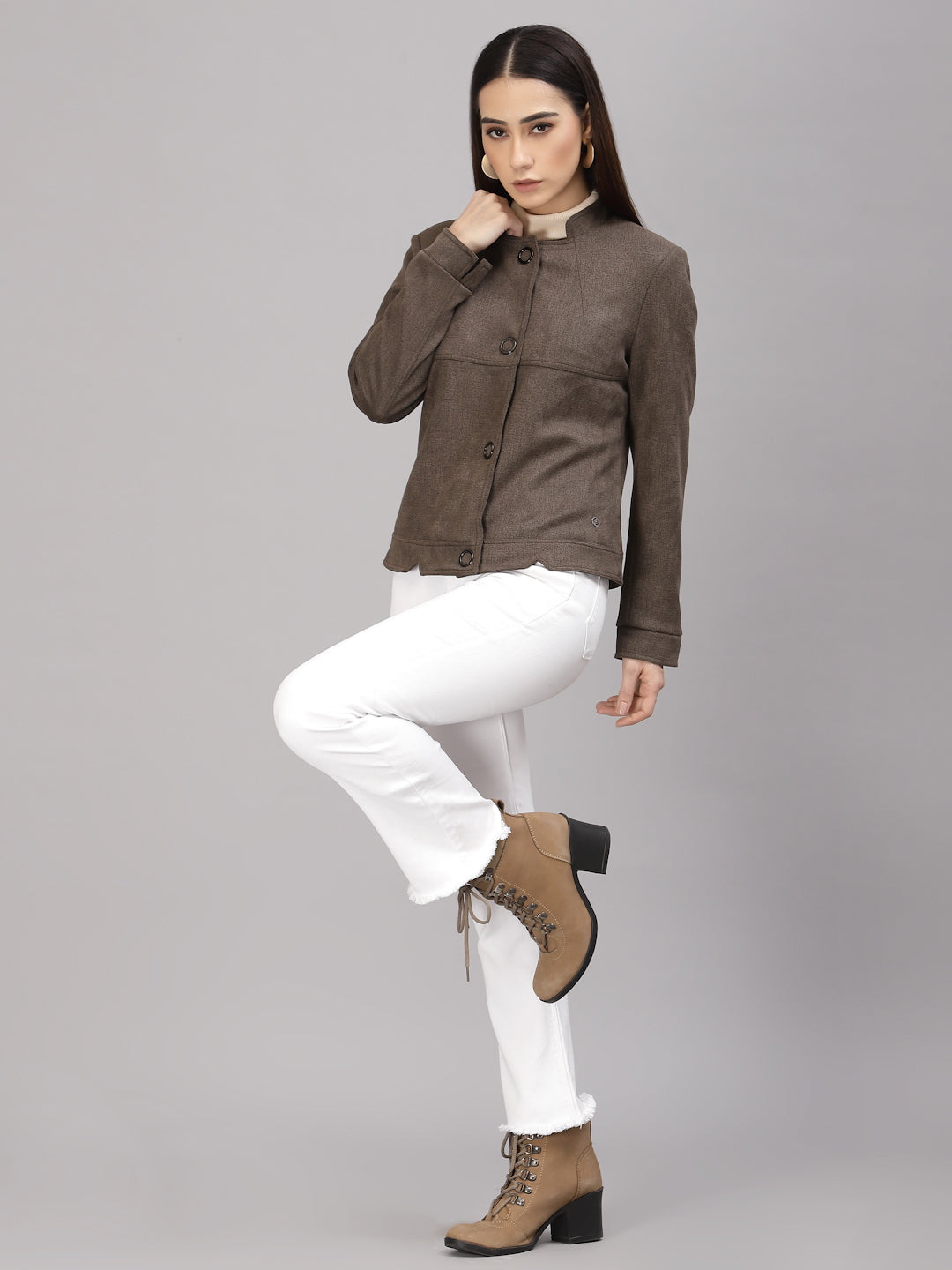 Gipsy Women Mandarin collar Regular Full Sleeves Polyester Fabric Olive Jackets