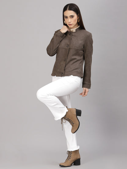 Gipsy Women Mandarin collar Regular Full Sleeves Polyester Fabric Olive Jackets