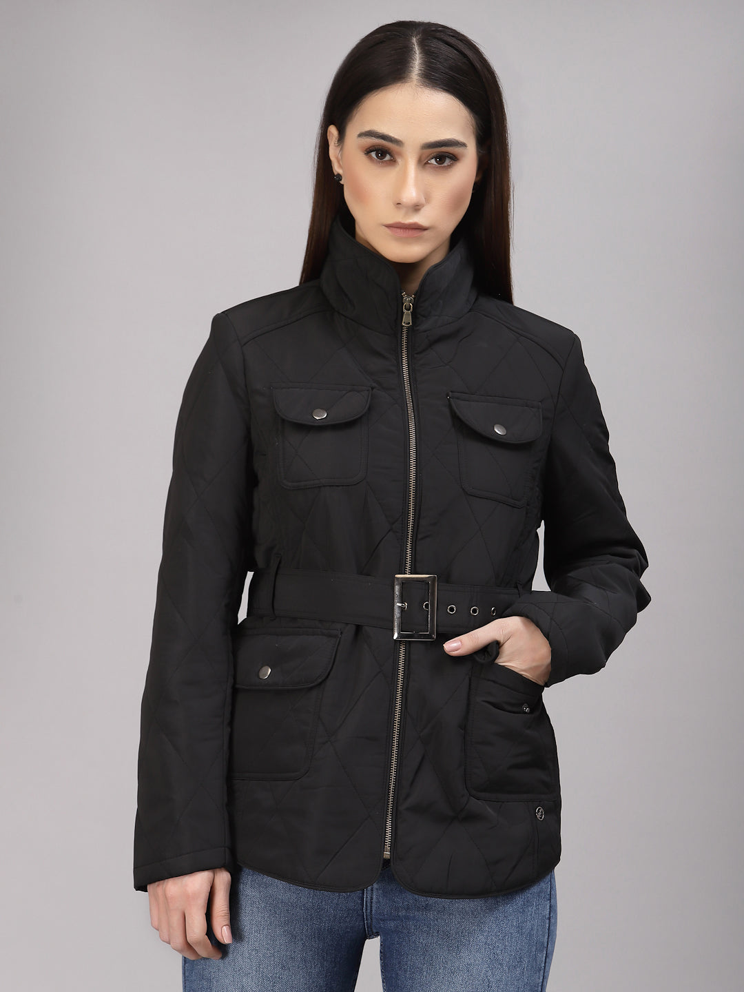 Gipsy Women Mock Collar Regular Full Sleeves Polyester Fabric Black Jackets