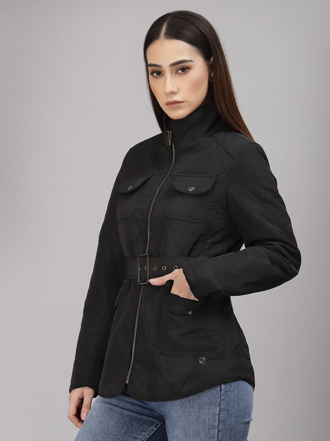 Gipsy Women Mock Collar Regular Full Sleeves Polyester Fabric Black Jackets