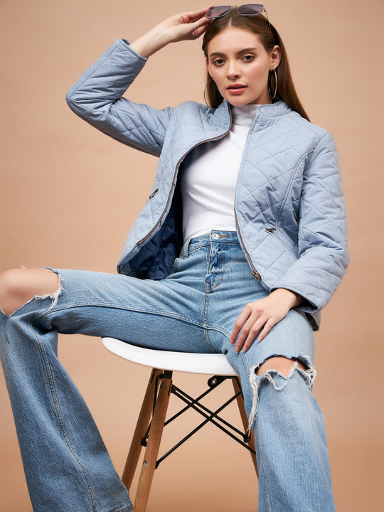 Gipsy Women Mandarin collar Regular Full Sleeves Polyester Fabric Blue Fog Jackets