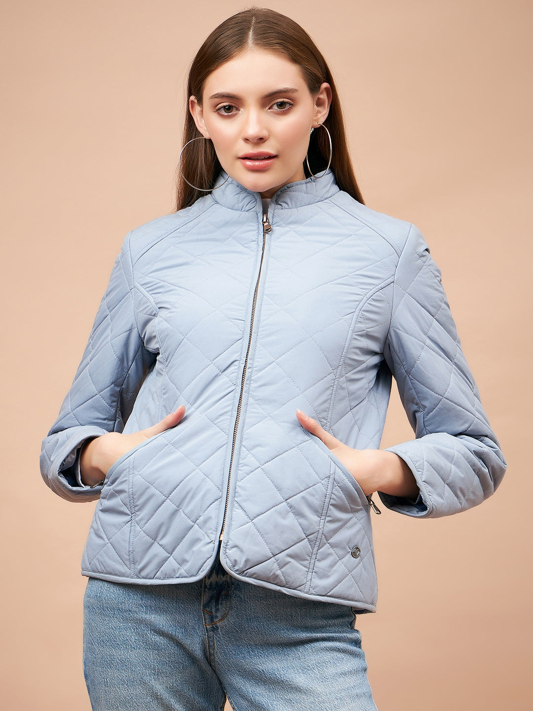 Gipsy Women Mandarin collar Regular Full Sleeves Polyester Fabric Blue Fog Jackets