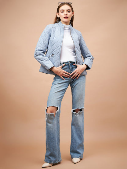 Gipsy Women Mandarin collar Regular Full Sleeves Polyester Fabric Blue Fog Jackets