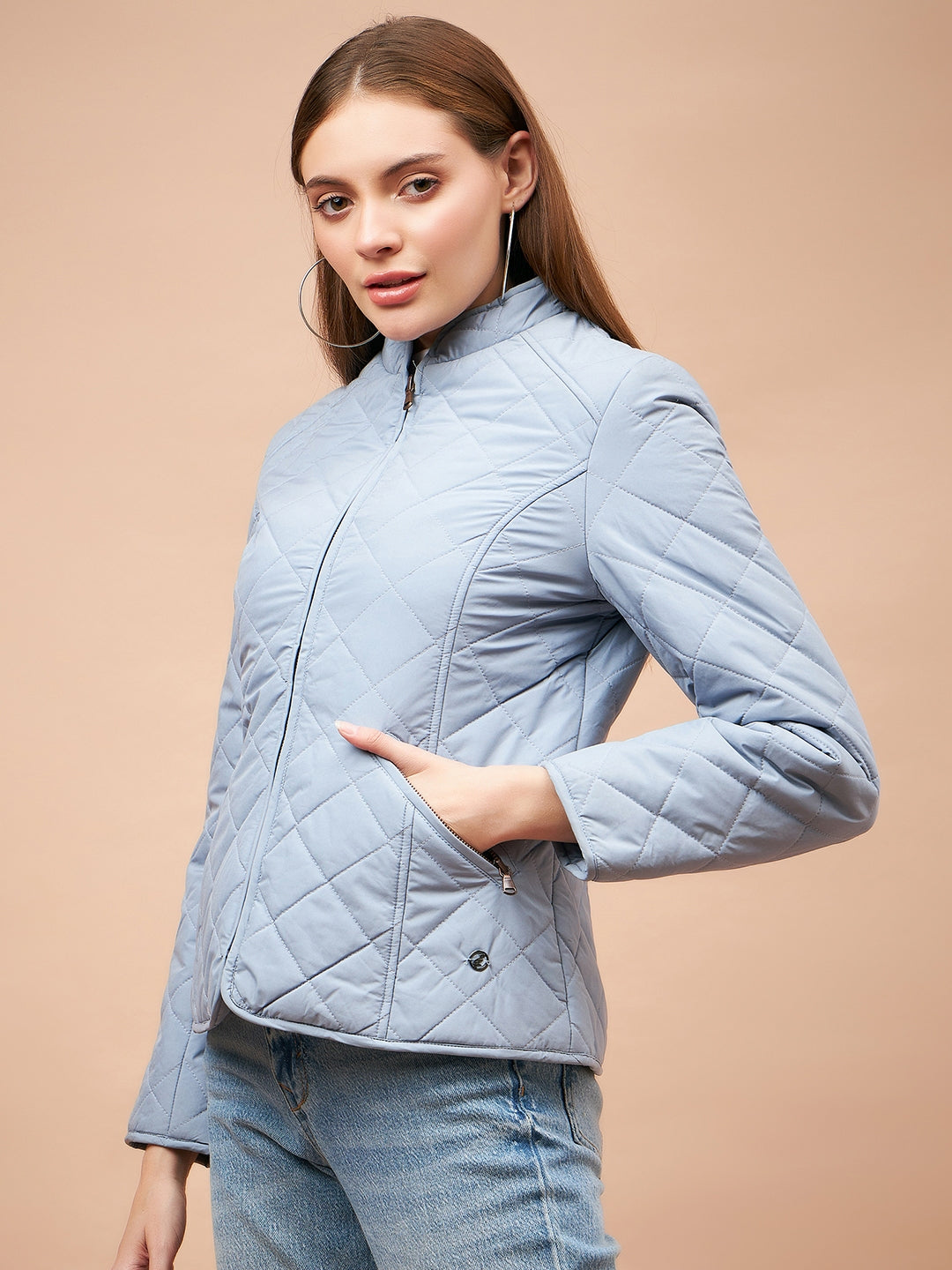 Gipsy Women Mandarin collar Regular Full Sleeves Polyester Fabric Blue Fog Jackets