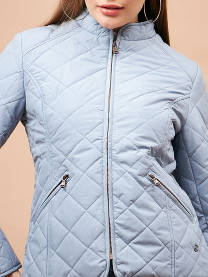 Gipsy Women Mandarin collar Regular Full Sleeves Polyester Fabric Blue Fog Jackets