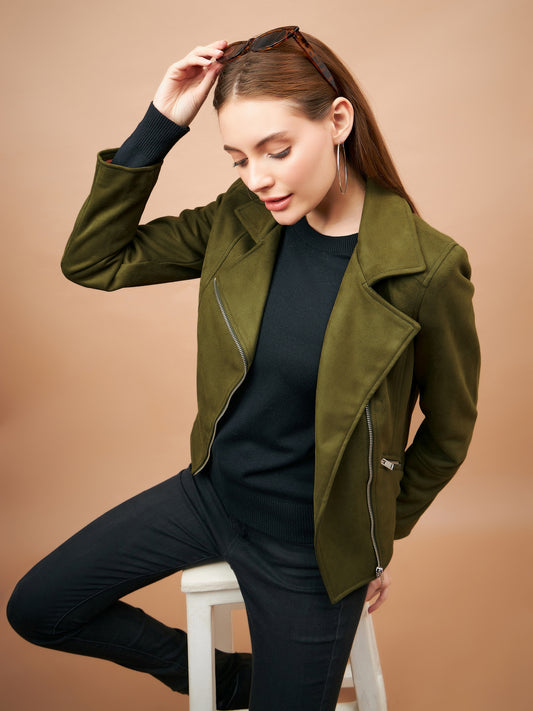 Gipsy Women Spread Collar Short Full Sleeves Suede Fabric Olive Jackets