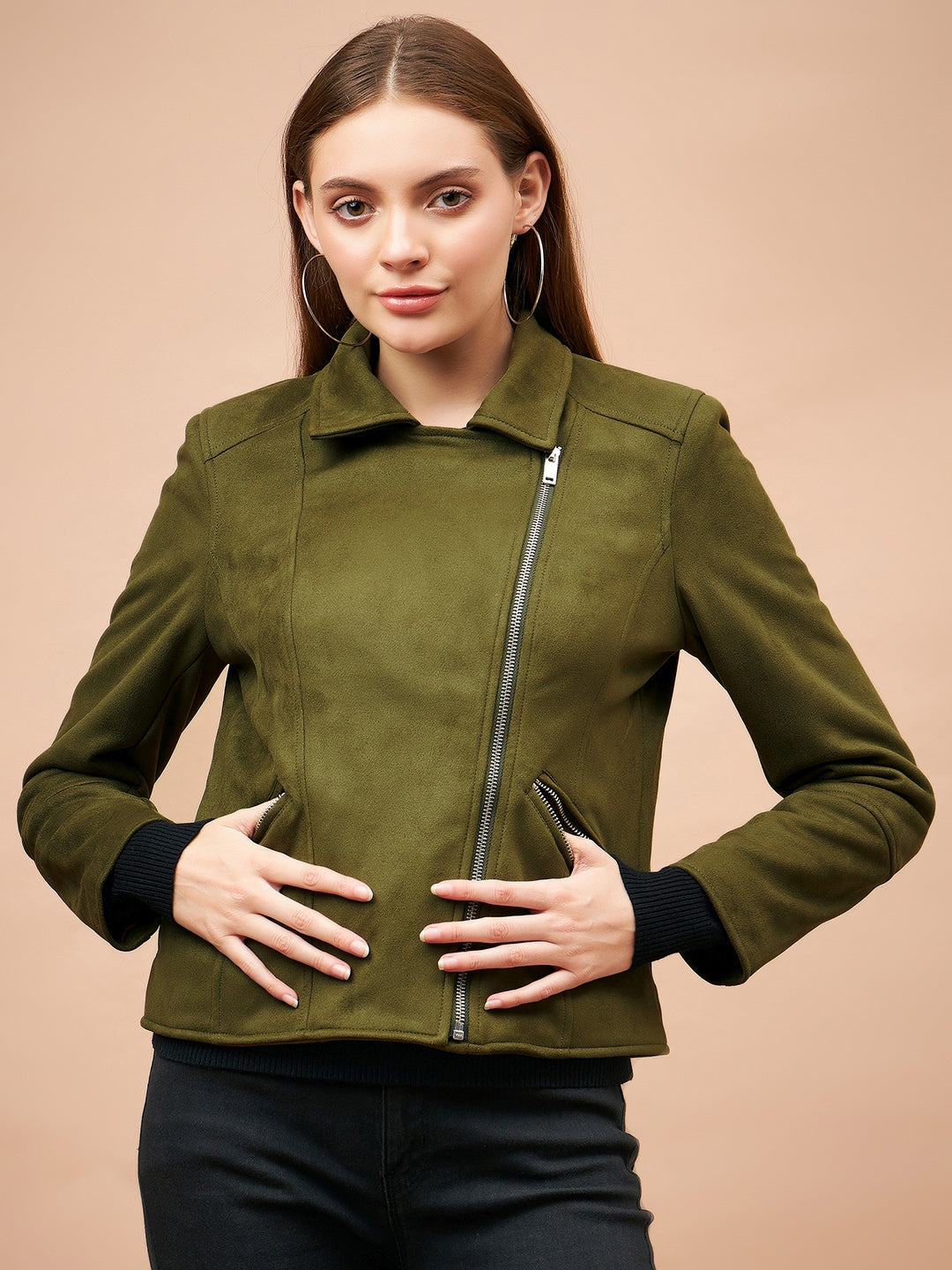 Gipsy Women Spread Collar Short Full Sleeves Suede Fabric Olive Jackets