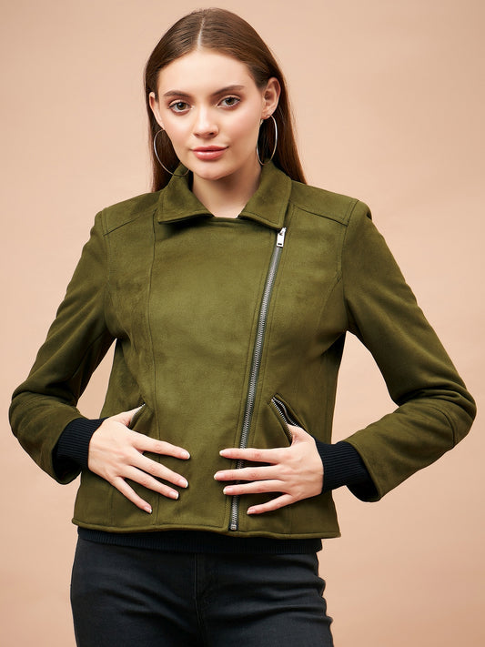 Gipsy Women Spread Collar Short Full Sleeves Suede Fabric Olive Jackets