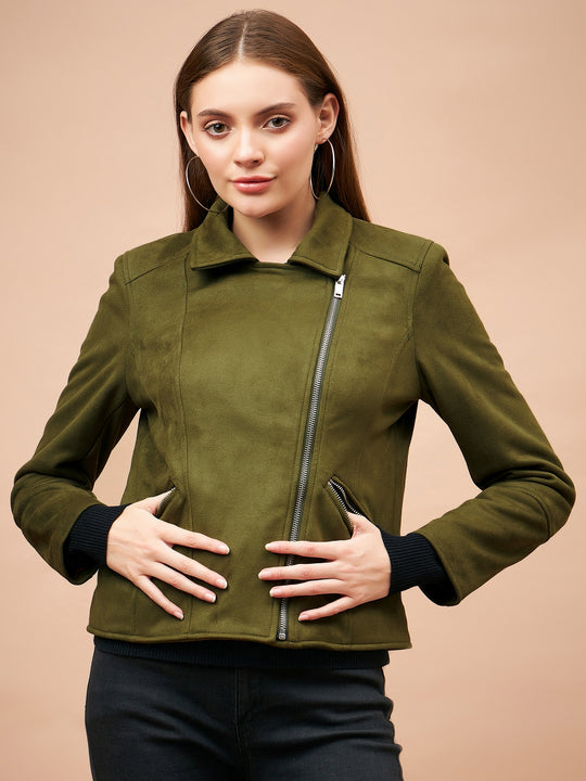 Gipsy Women Spread Collar Short Full Sleeves Suede Fabric Olive Jackets