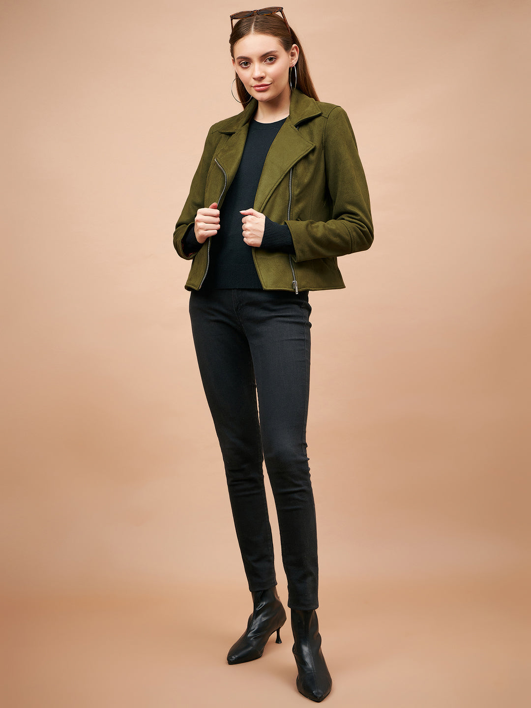 Gipsy Women Spread Collar Short Full Sleeves Suede Fabric Olive Jackets