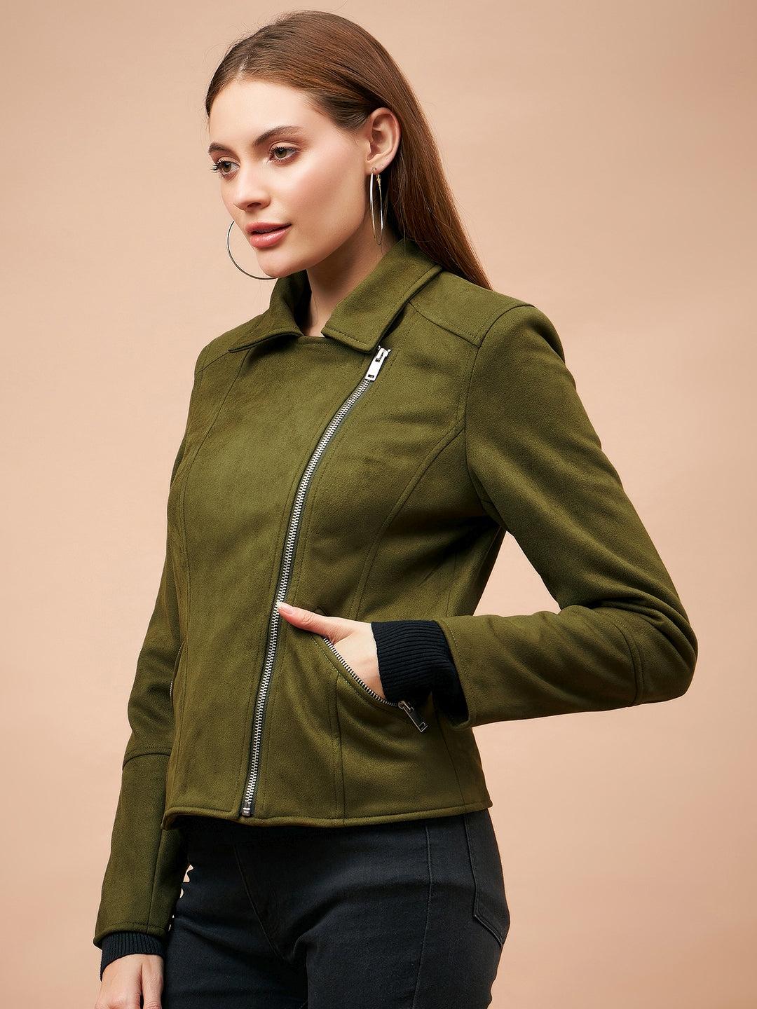 Gipsy Women Spread Collar Short Full Sleeves Suede Fabric Olive Jackets