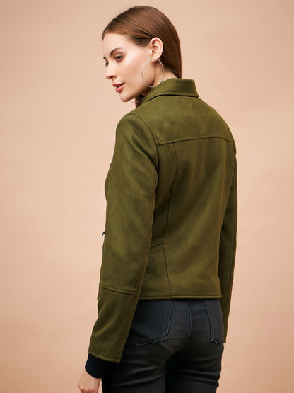 Gipsy Women Spread Collar Short Full Sleeves Suede Fabric Olive Jackets