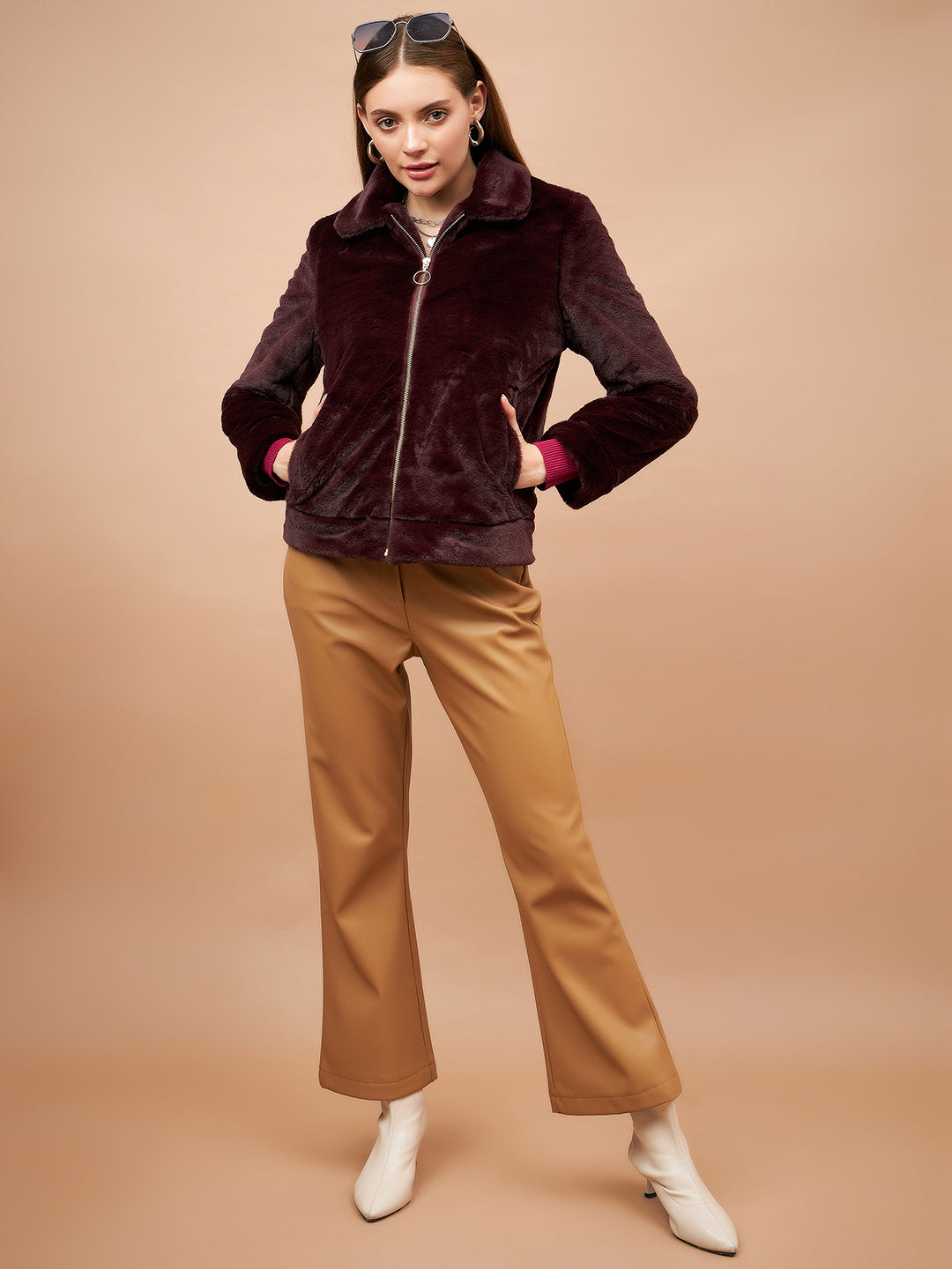 Gipsy Women Flat Collar Straight Full Sleeve Polyester Fabric Dark Wine Jackets