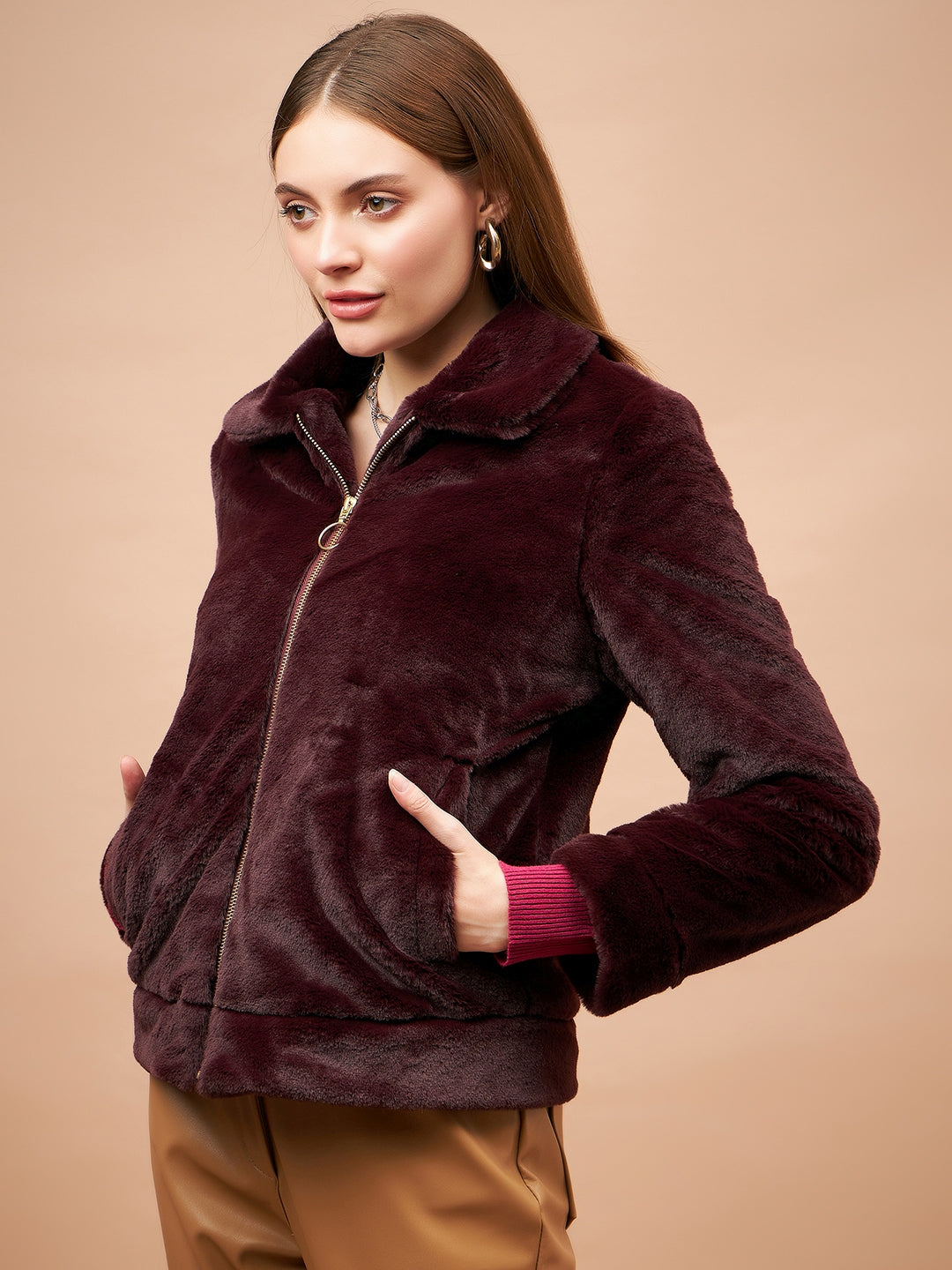 Gipsy Women Flat Collar Straight Full Sleeve Polyester Fabric Dark Wine Jackets