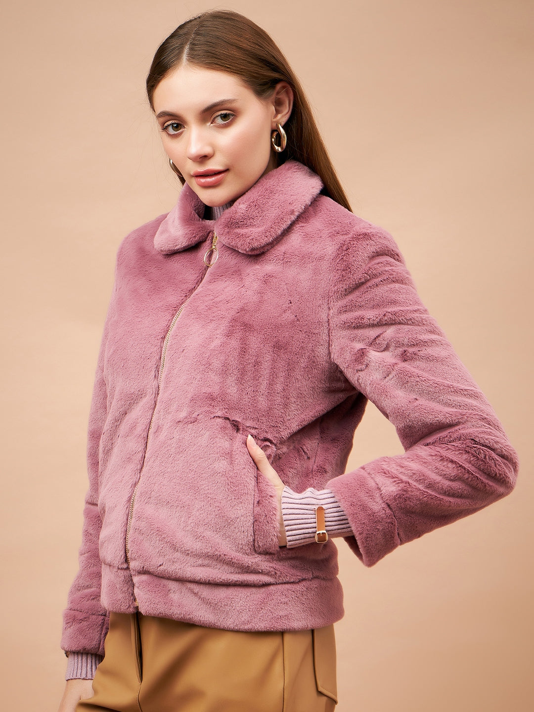 Gipsy Women Flat Collar Straight Full Sleeve Polyester Fabric Rasberry Jackets