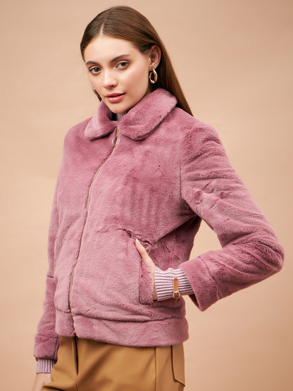 Gipsy Women Flat Collar Straight Full Sleeve Polyester Fabric Rasberry Jackets