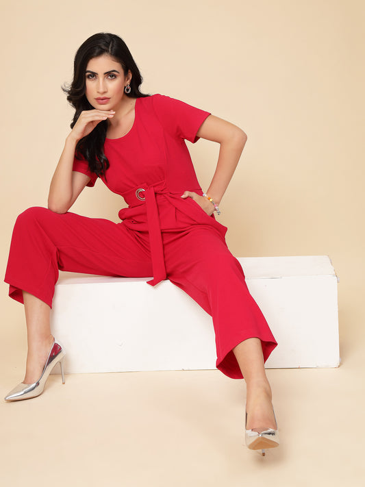 Gipsy Women Fushia Solid Polyster Half Sleeve Round Neck Waist Belt JumpSuit
