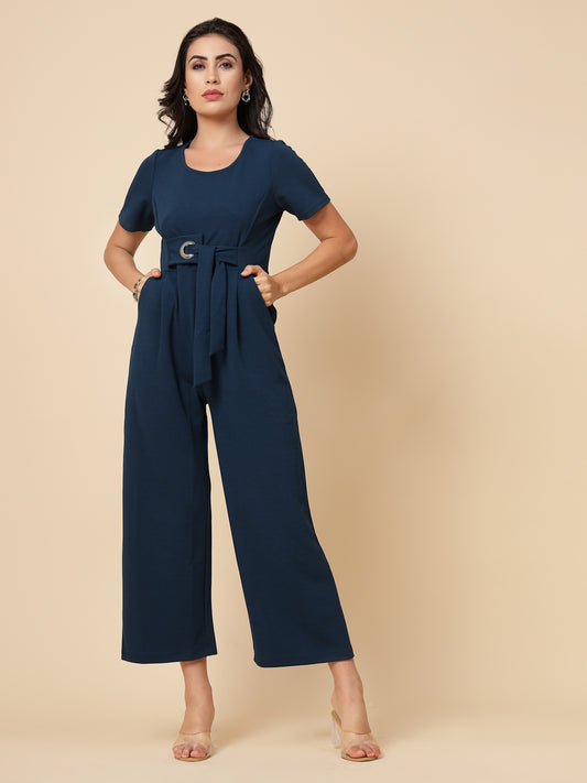 Gipsy Women Teal Solid Polyster Half Sleeve Round Neck Waist Belt JumpSuit