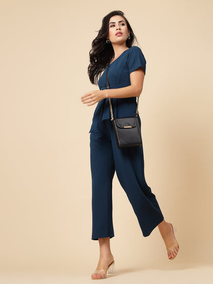 Gipsy Women Teal Solid Polyster Half Sleeve Round Neck Waist Belt JumpSuit