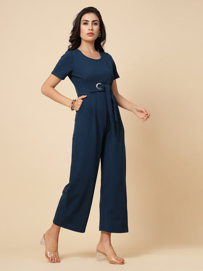Gipsy Women Teal Solid Polyster Half Sleeve Round Neck Waist Belt JumpSuit