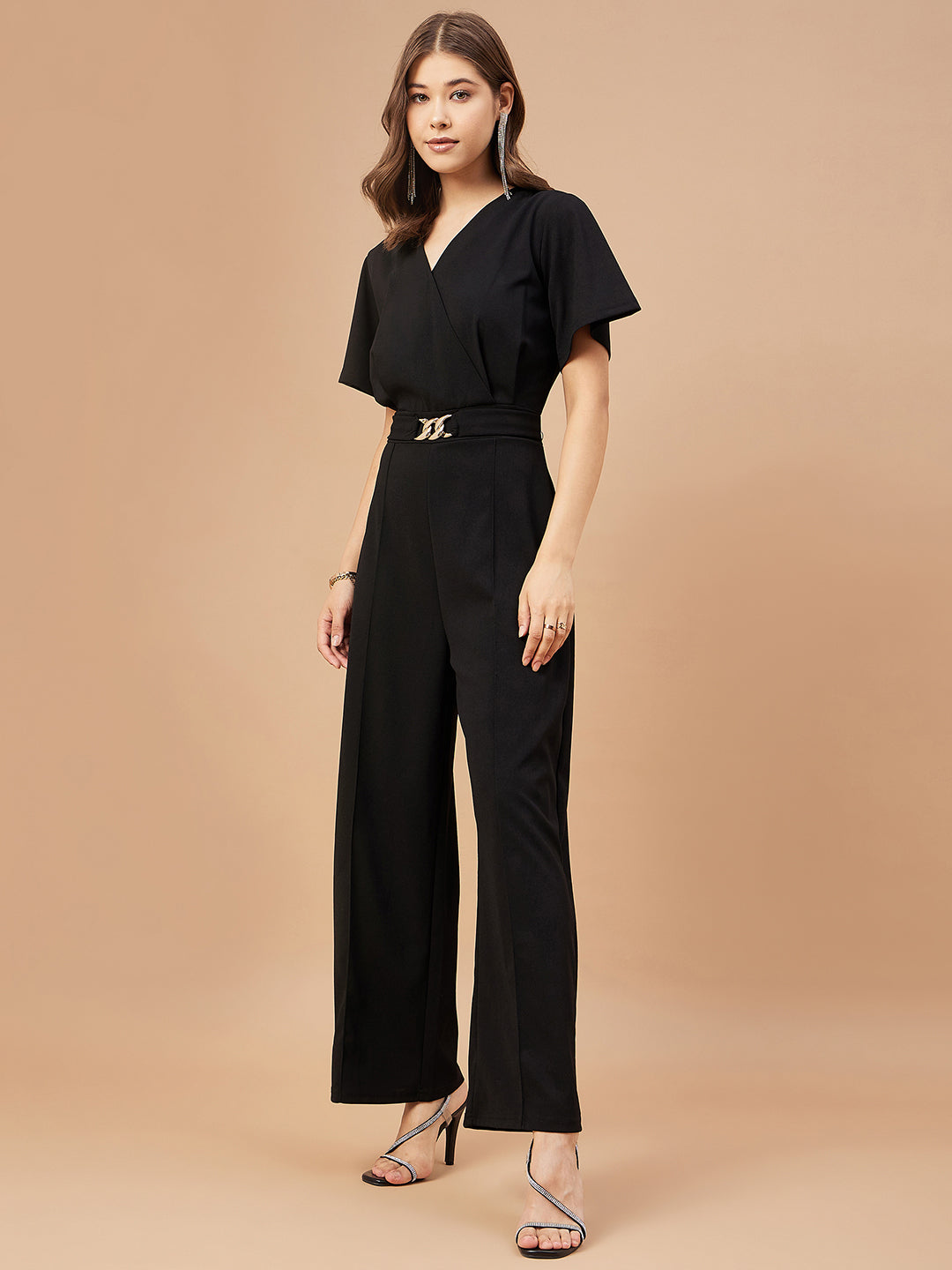Gipsy Women Black Solid Polyester  Flutter Sleeve V Neck Jumpsuit