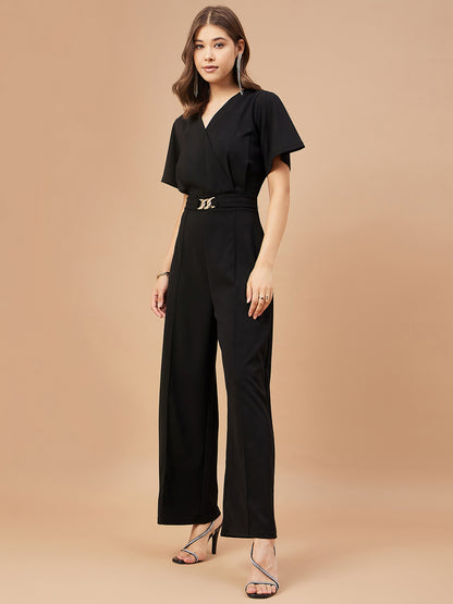 Gipsy Women Black Solid Polyester  Flutter Sleeve V Neck Jumpsuit