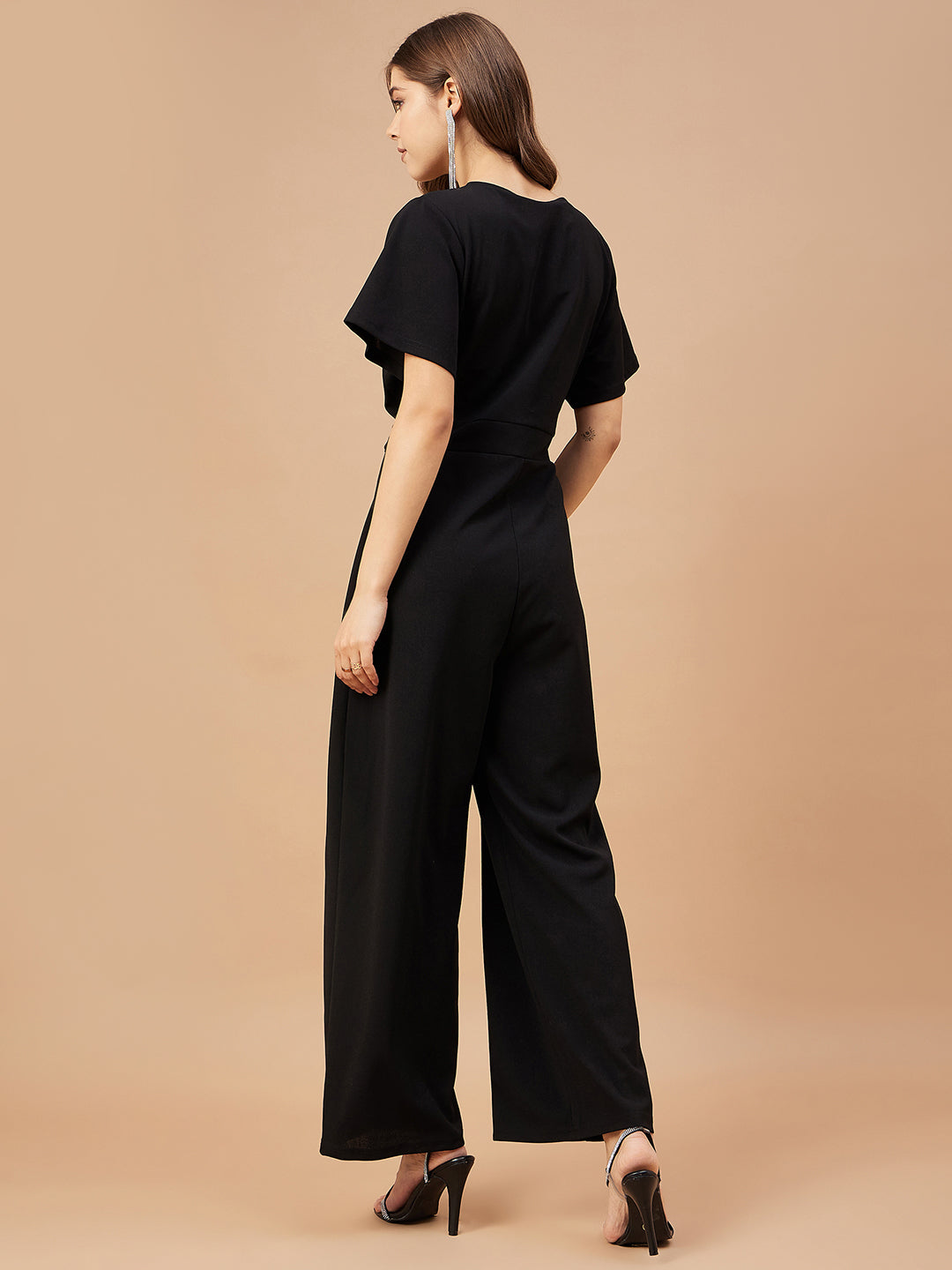 Gipsy Women Black Solid Polyester  Flutter Sleeve V Neck Jumpsuit