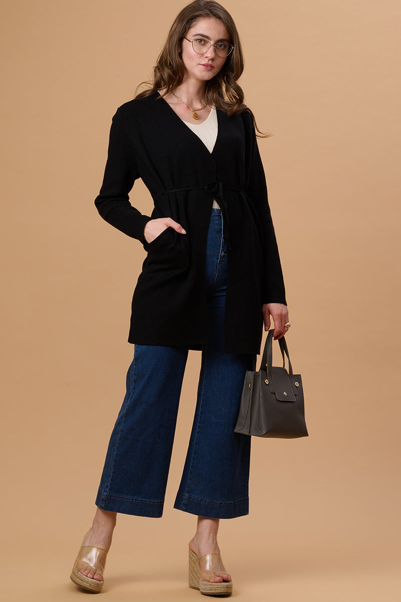 Gipsy Women Front Open Long Full Sleeves Acrylic Fabric Black Cardigan