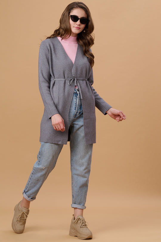 Gipsy Women Front Open Long Full Sleeves Acrylic Fabric Grey Cardigan