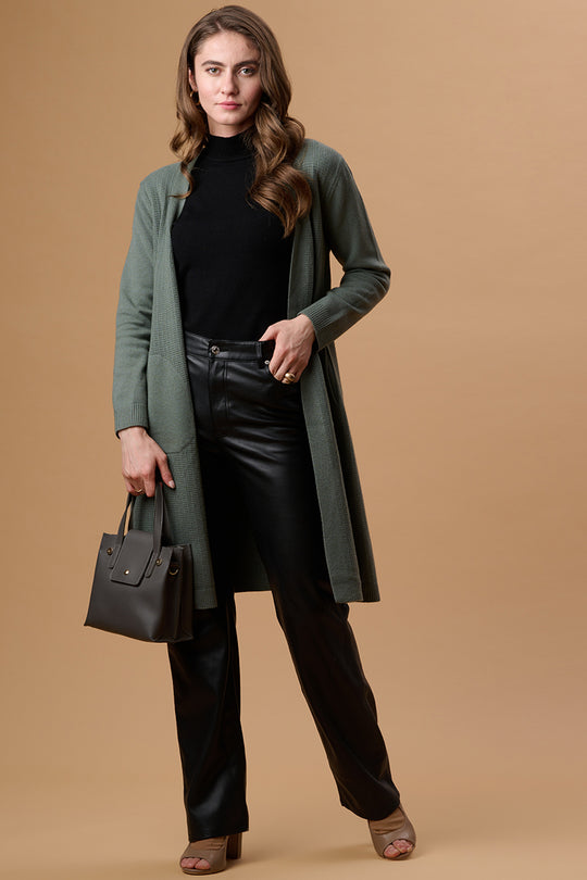 Gipsy Women Front Open Long Full Sleeves Acrylic Fabric Sage Cardigan