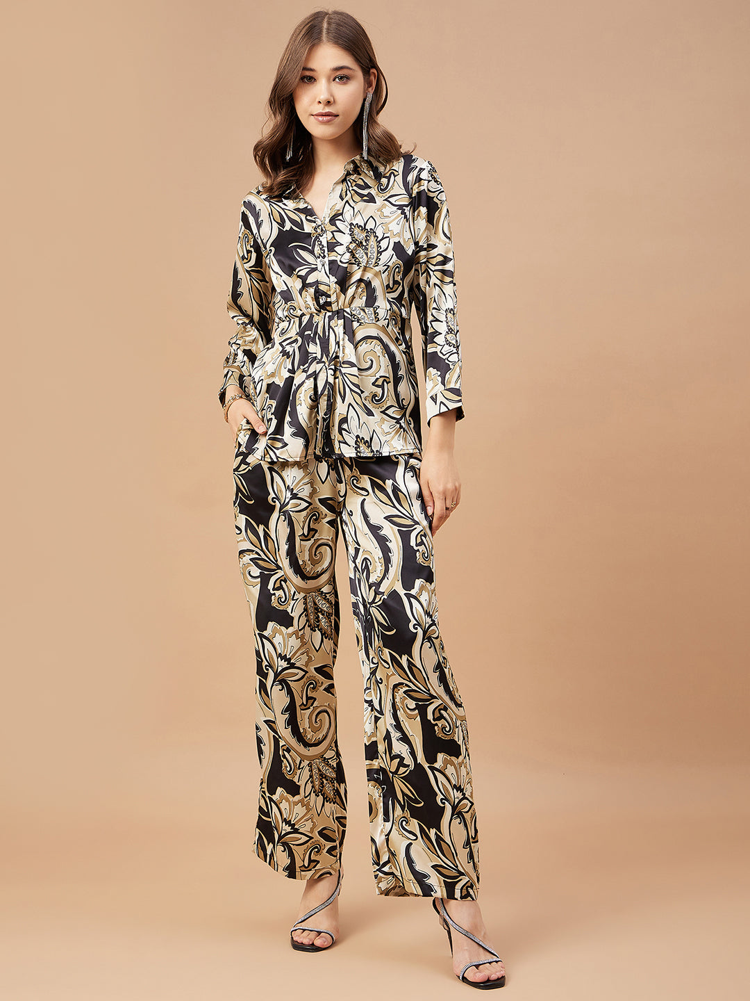 Gipsy Women Black Print Satin Regular Sleeve Collar Neck Co-Ord Sets
